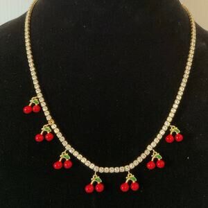 Rhinestone Tennis Necklace with Cherry Charms Gold Tone Statement Jewelry NWT